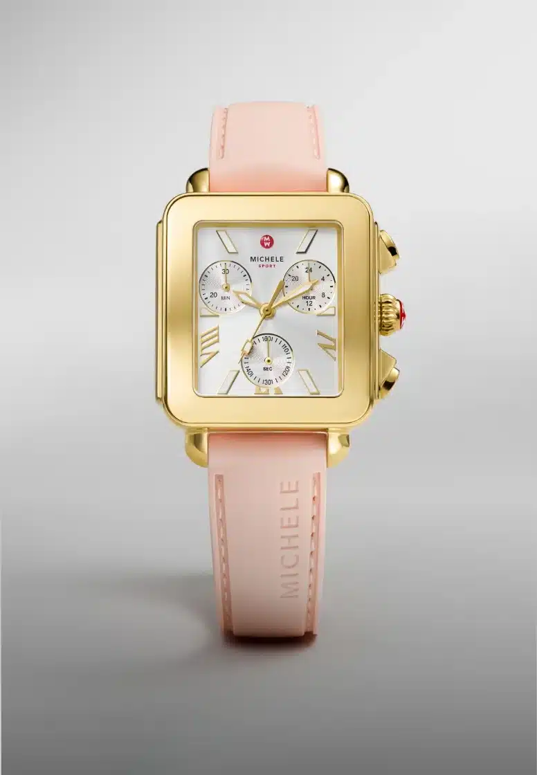 Michele Deco watch in 18K gold on a blush leather strap — shop the collection